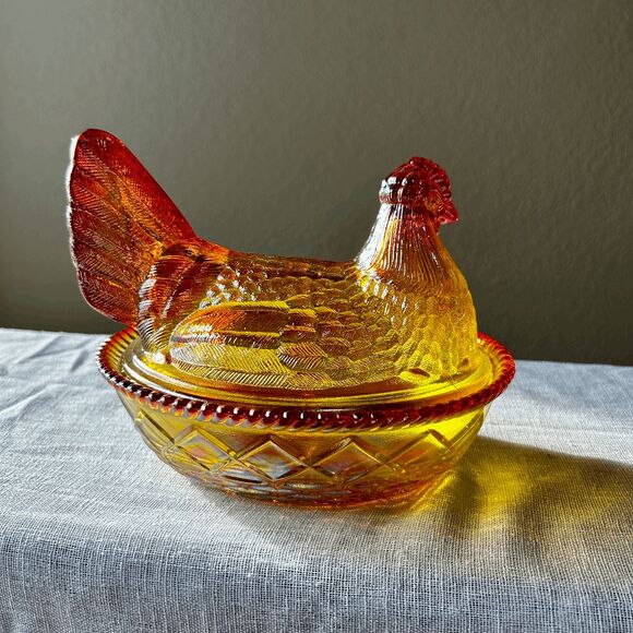 Vintage Mosser Glass Marigold Carnival Covered Hen on Nest – Westmoreland Mold - Picture 2 of 6